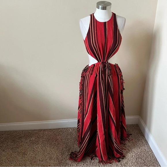Ulla Johnson Caterina Red Black Stripe Fringed Maxi Dress 17882 - Picture 11 of 14